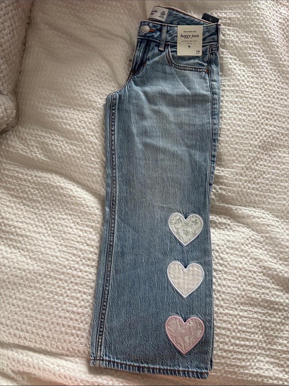 Abercrombie & Fitch Light Wash Straight Leg Jeans with Heart Appliqués